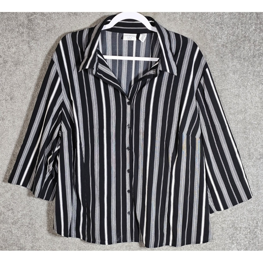 Covington Button Up Top Womens Size 3X Black White Striped Stretch 3/4 Sleeve